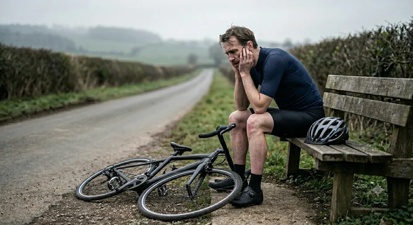 Un cycliste épuisé, assis sur un banc au bord d’une route par temps gris, la tête entre les mains