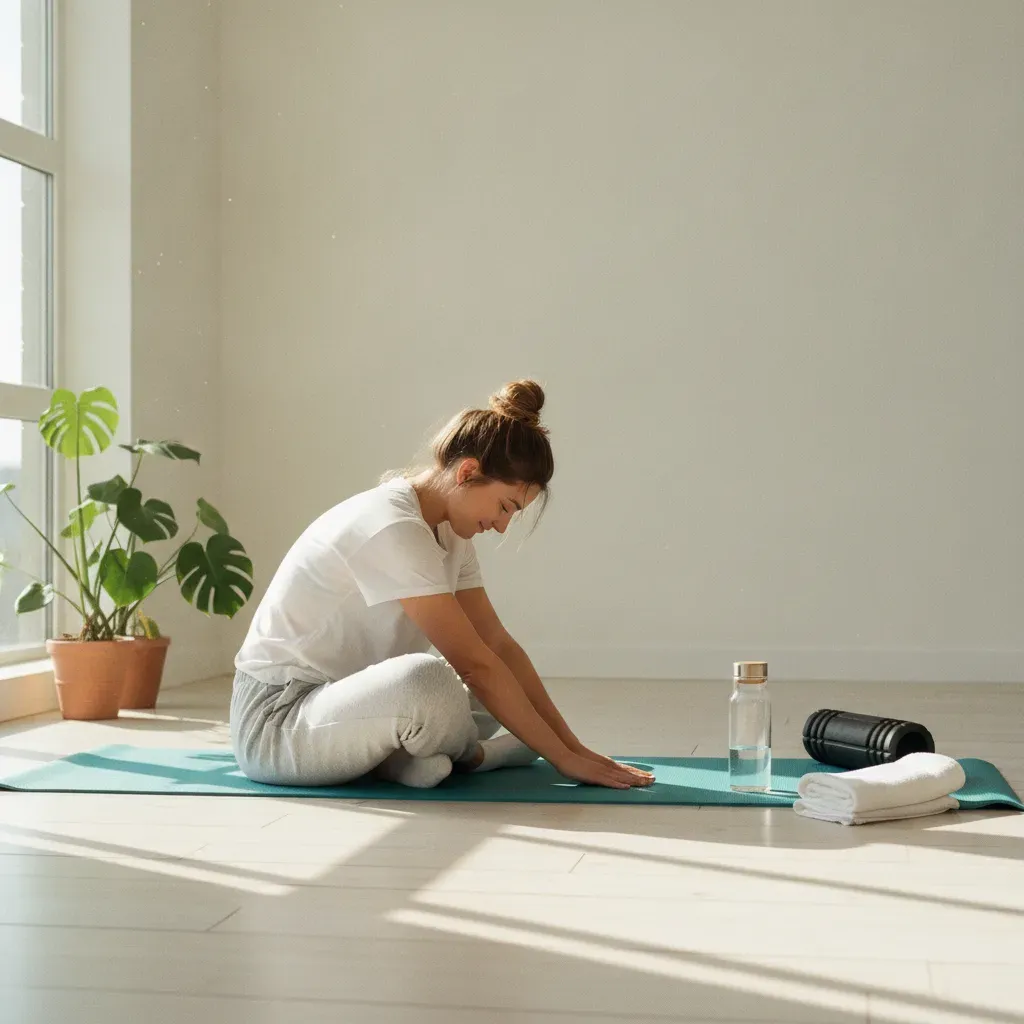 Une sportive s’étire sur un tapis dans une pièce lumineuse, près d’une gourde, d’un rouleau de massage et d’une serviette