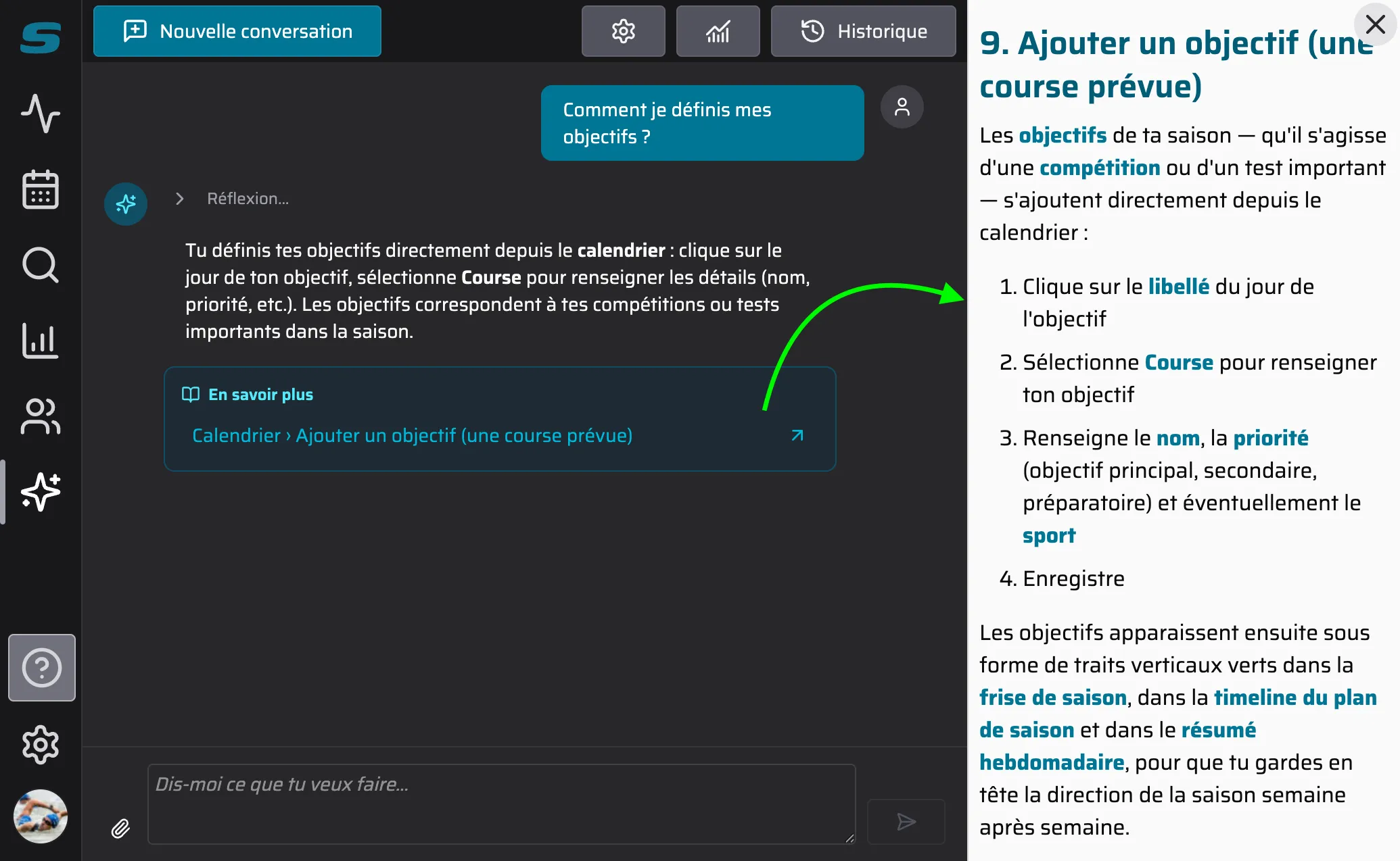 Capture d'écran où l'assistant répond à la question "Comment je définis mes objectifs ?", avec un plus un lien vers la doc officielle