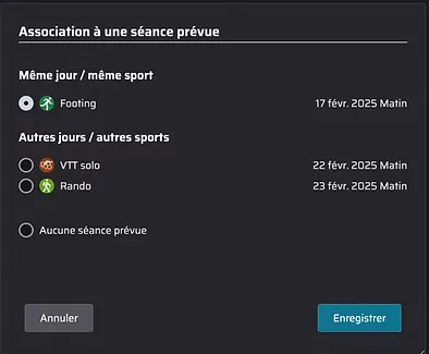 Copie d'écran de l'association manuelle d'une séance