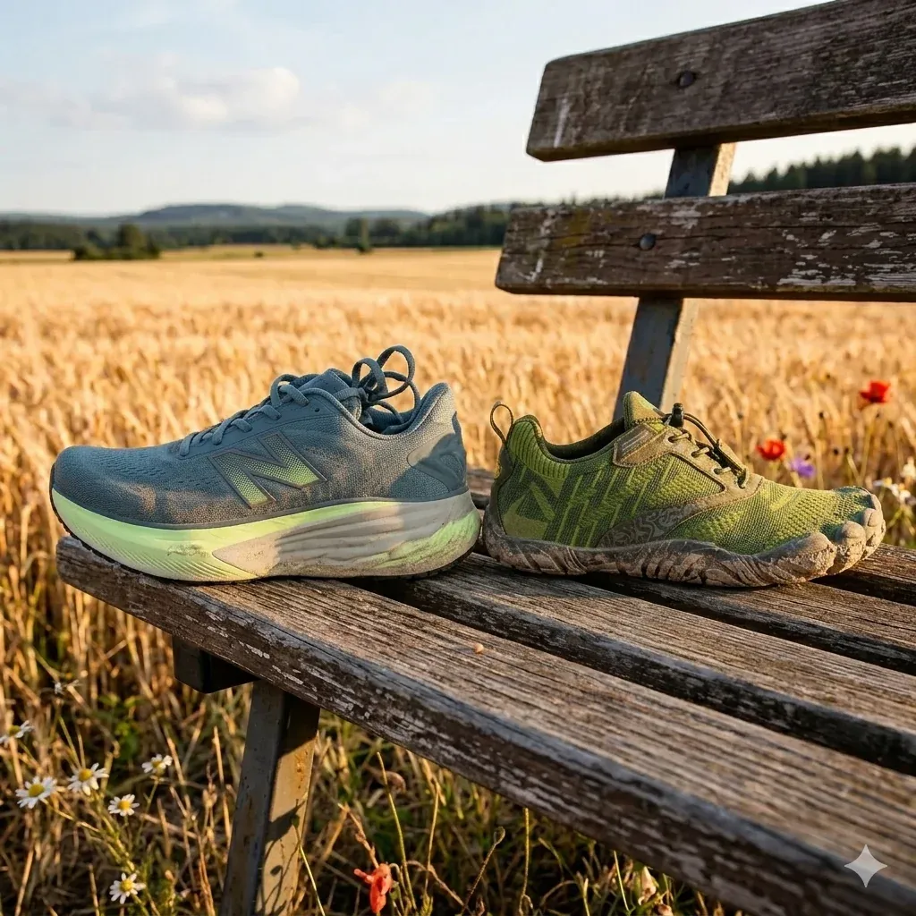 Chaussures de course maximalistes et minimalistes côte-à-côte sur un banc