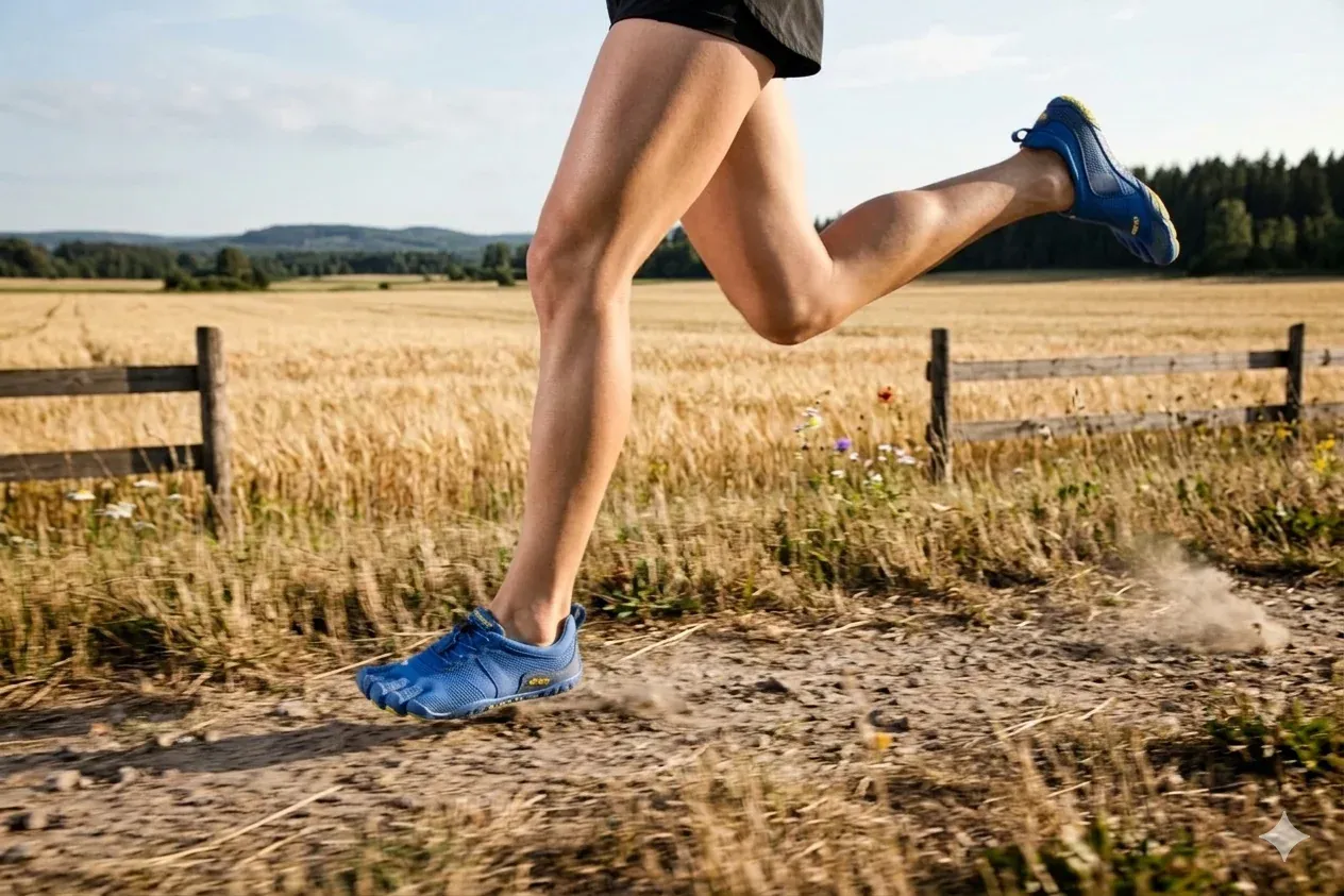 Gros plan sur les jambes et les chaussures bleues d’un coureur en pleine foulée sur un chemin de terre, le long d’un champ de blé
