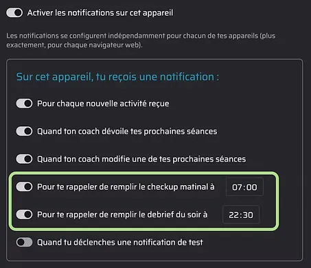Ecran de configuration des notifications de rappel