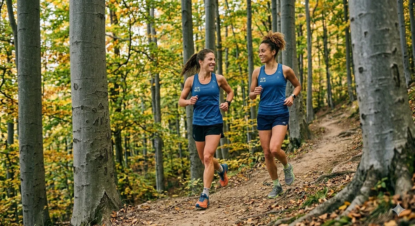 Deux traileuses montent un sentier en forêt à l’automne, courant côte à côte