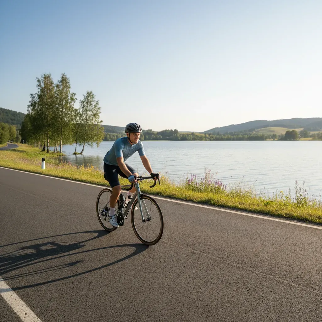 Un cycliste roule à allure souple sur une route au bord d’un lac