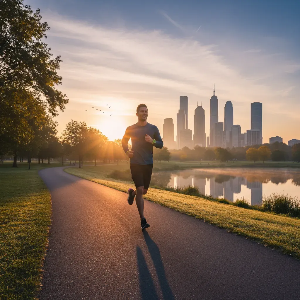Un coureur s’entraîne sur un chemin au lever du soleil, la silhouette d’une ville en arrière-plan