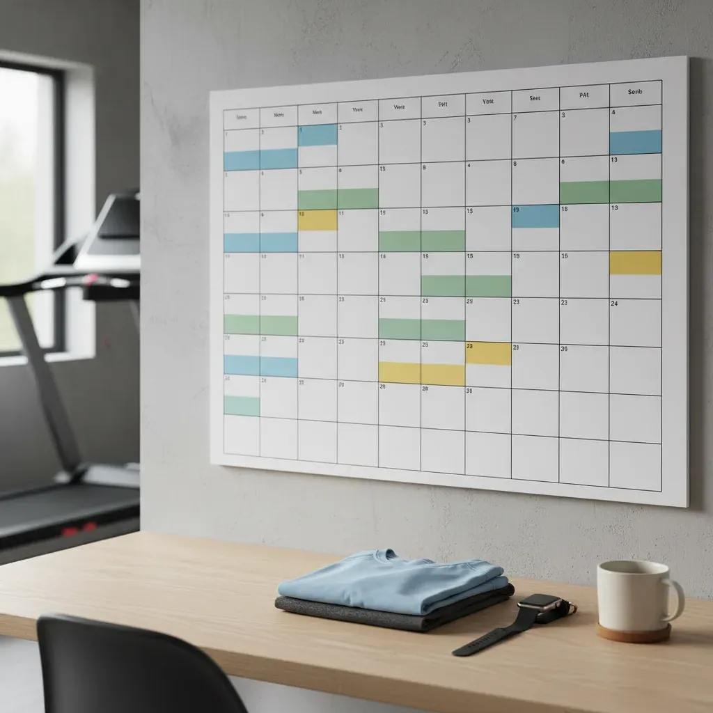 Un planning mensuel affiché au mur avec des créneaux colorés, une tenue de sport pliée et un tapis de course en arrière-plan