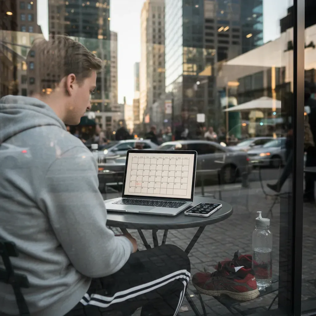 Un actif consulte un agenda sur son ordinateur portable à une terrasse, ses chaussures de running et sa gourde posées à côté