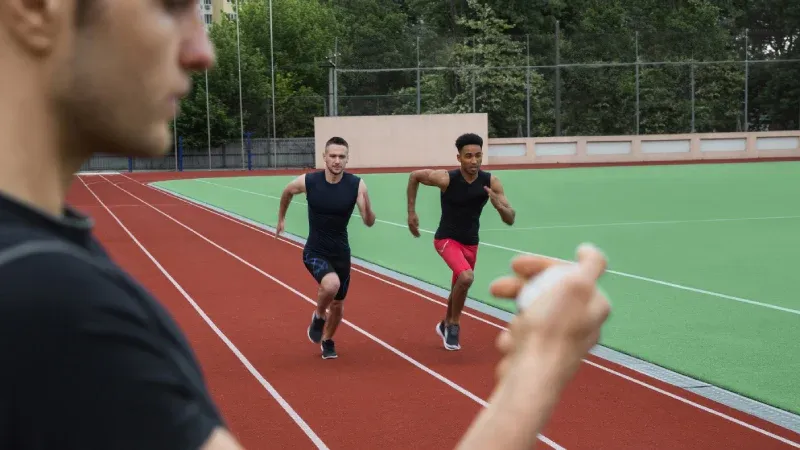 Entraîneur chronométrant deux coureurs sur une piste d'athlétisme