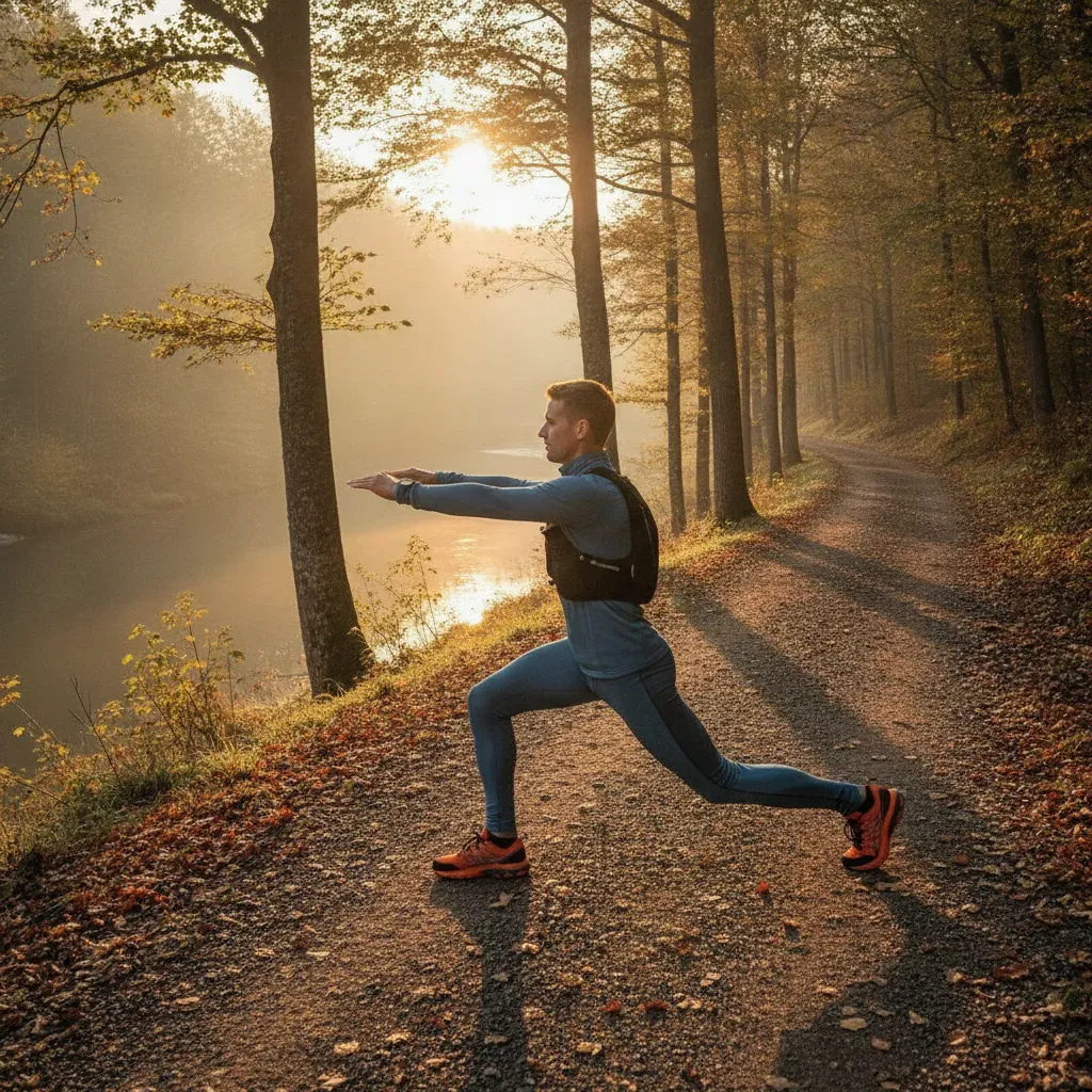 Un coureur en fente avant, bras tendus, sur un chemin forestier au bord d’un lac à l’automne