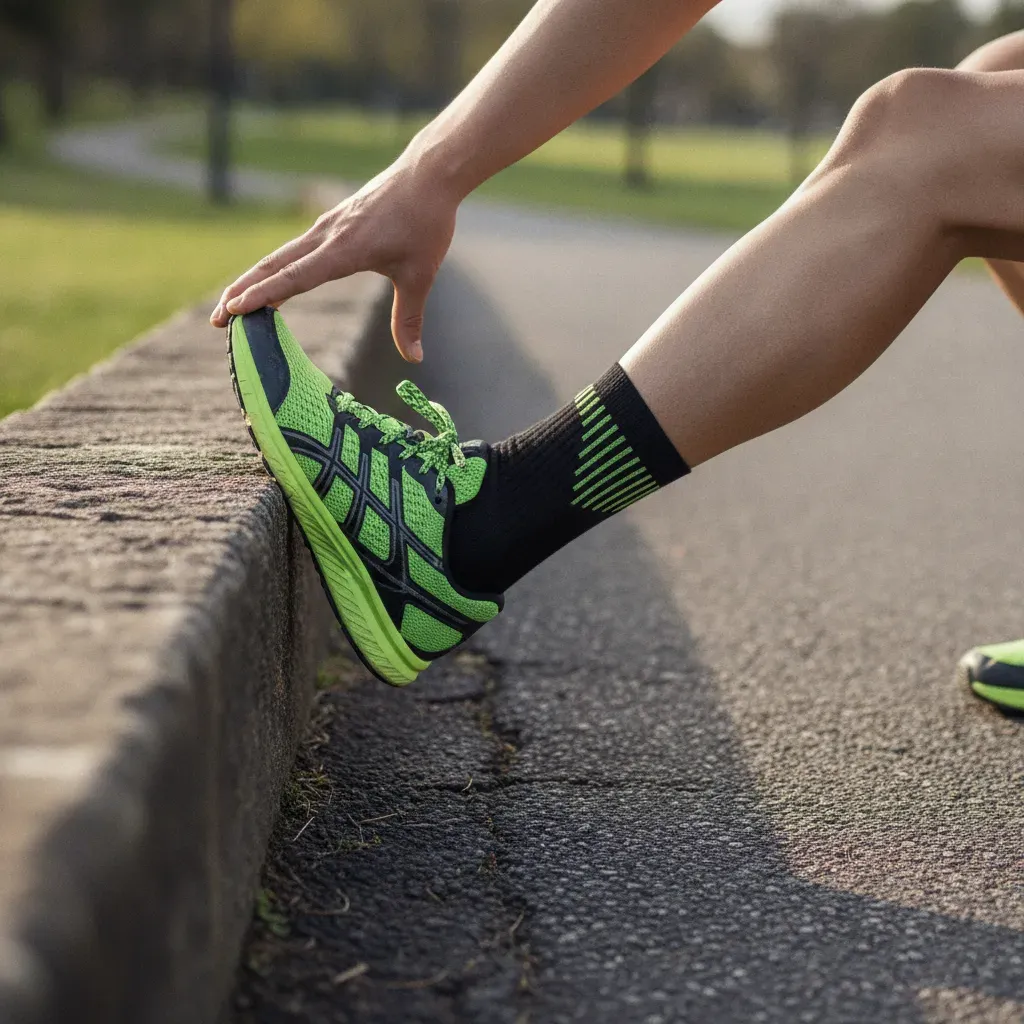 Gros plan d’un coureur qui étire sa chaîne postérieure, le pied posé sur un muret, la main tendue vers la pointe du pied