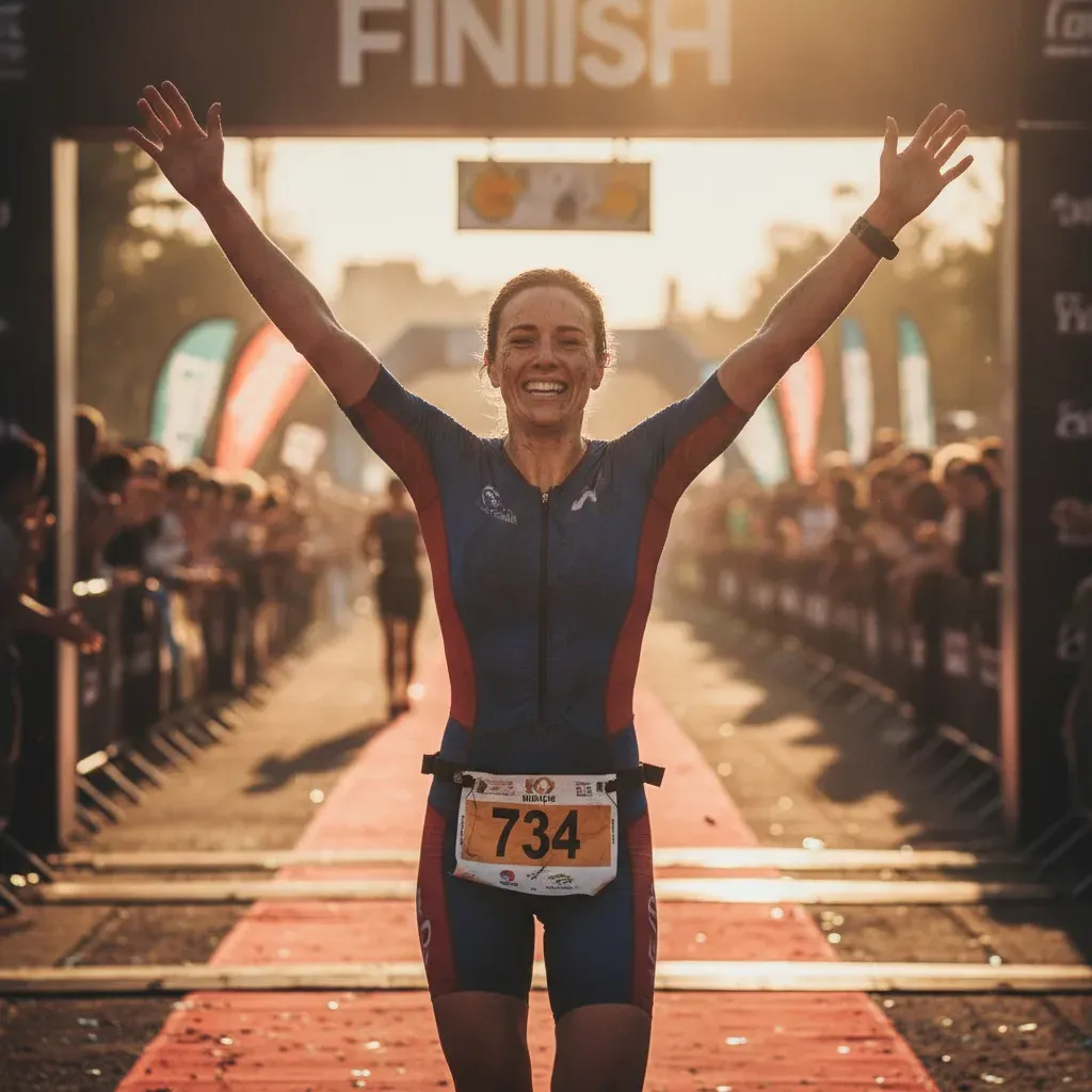 Une triathlète franchit la ligne d’arrivée, les bras levés, sous une arche FINISH au coucher du soleil