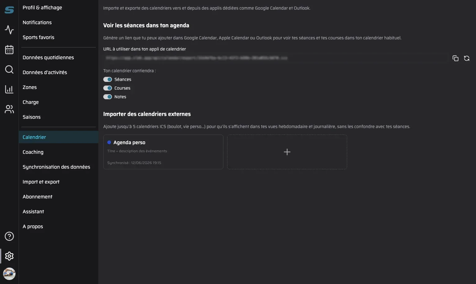 Capture d'écran qui montre la page de configuration du calendrier.
