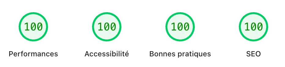 Les 4 critères à 100% sur la page Google PageSpeed Insights
