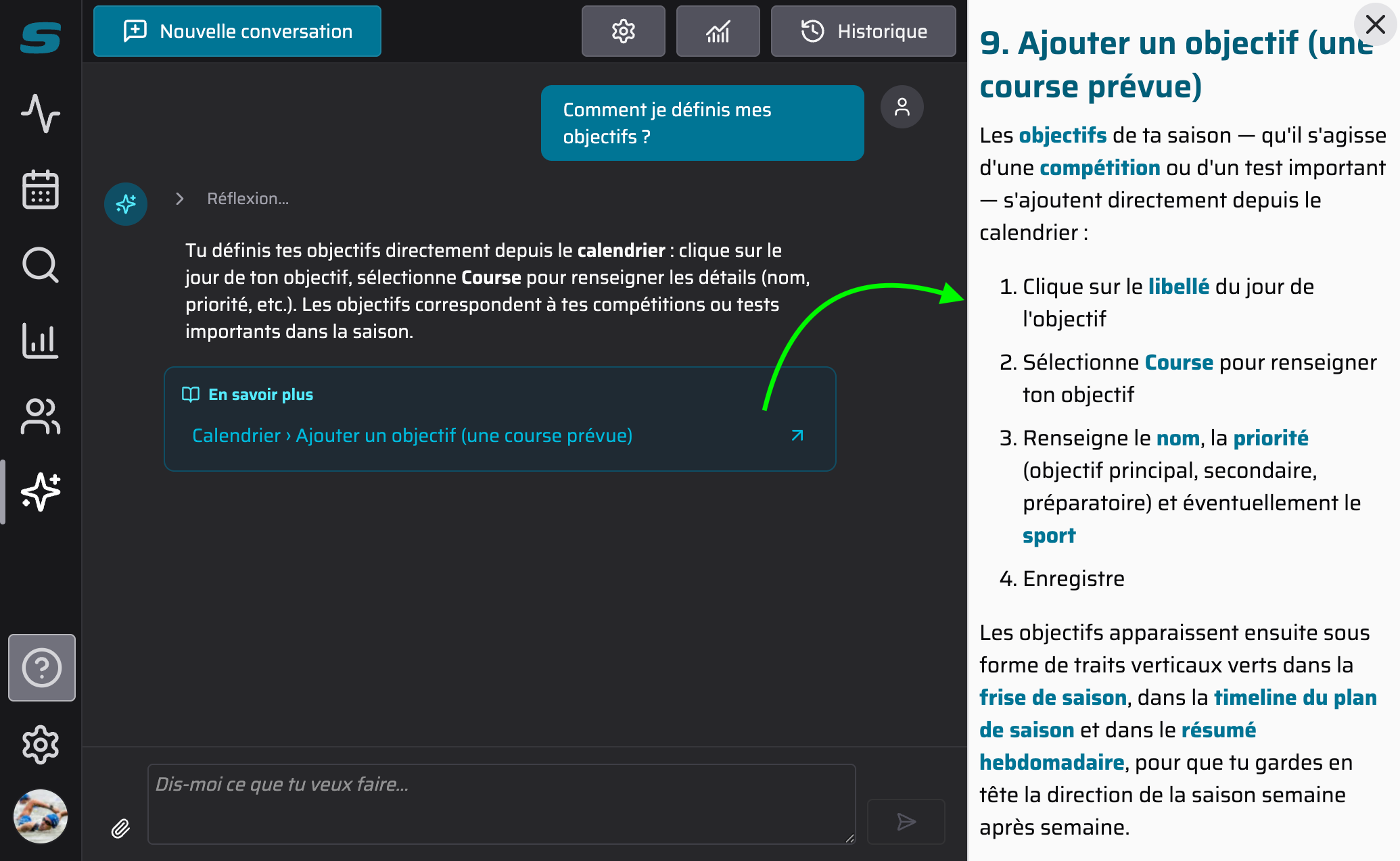 Capture d'écran où l'assistant répond à la question "Comment je définis mes objectifs ?", avec un plus un lien vers la doc officielle