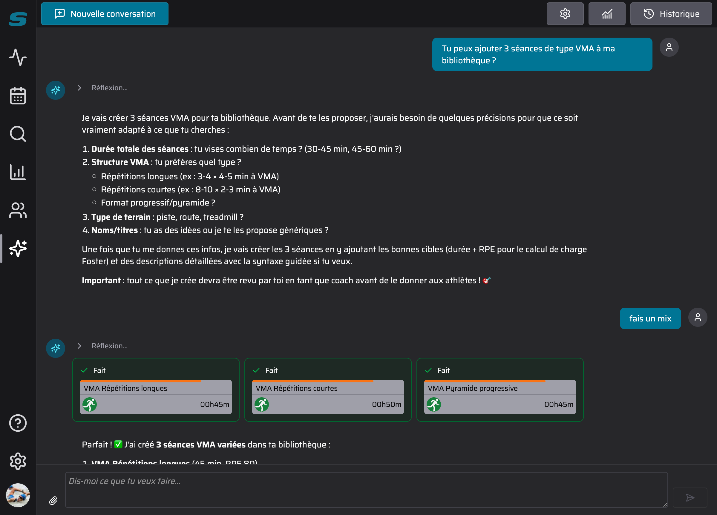 Capture d'écran d'une conversation où le coach demande à l'assistant d'ajouter 3 séances de VMA à sa bibliothèque.