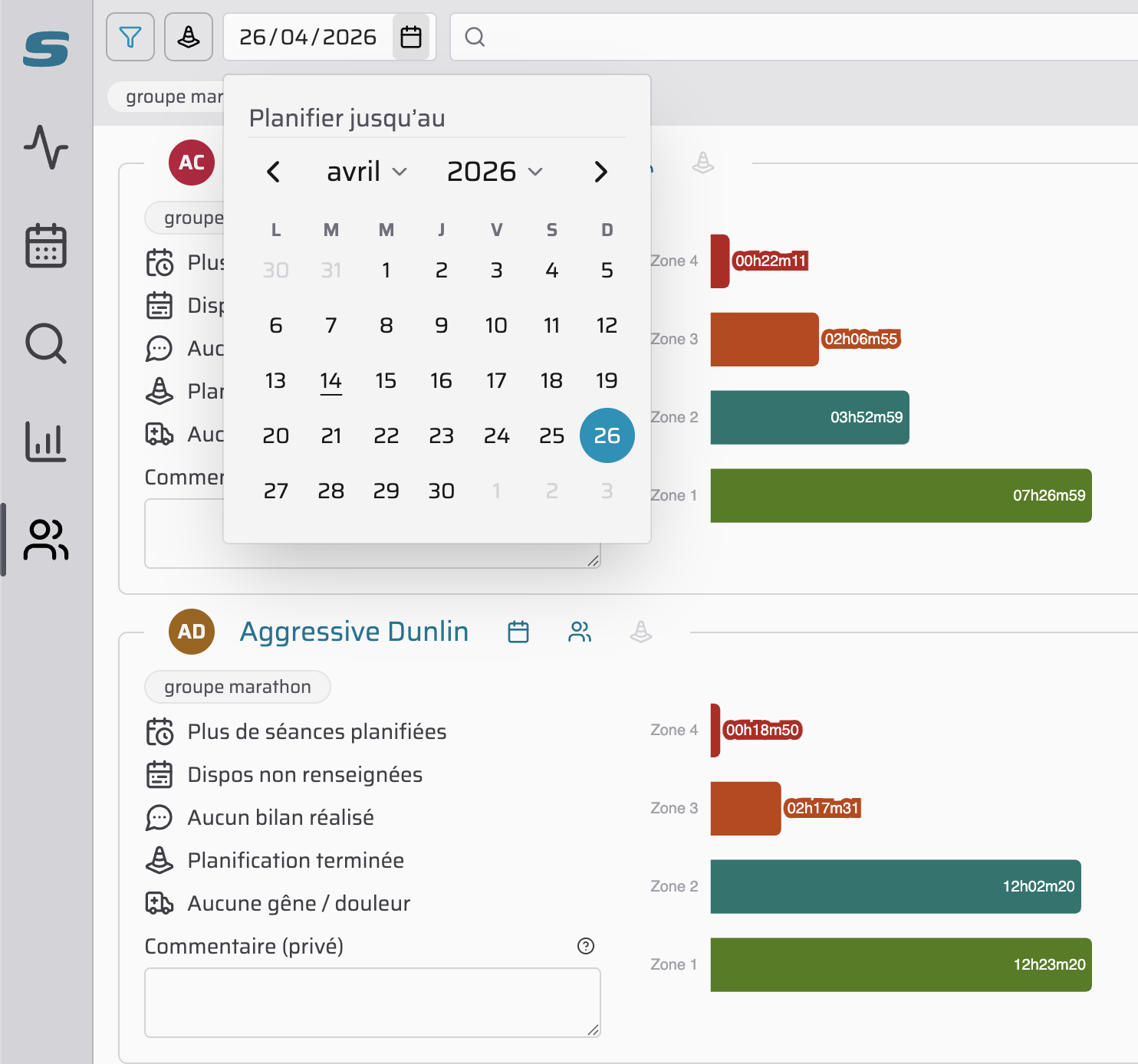 capture d'écran du sélecteur de de la date jusqu'à laquelle le coach souhaite planifier les séances