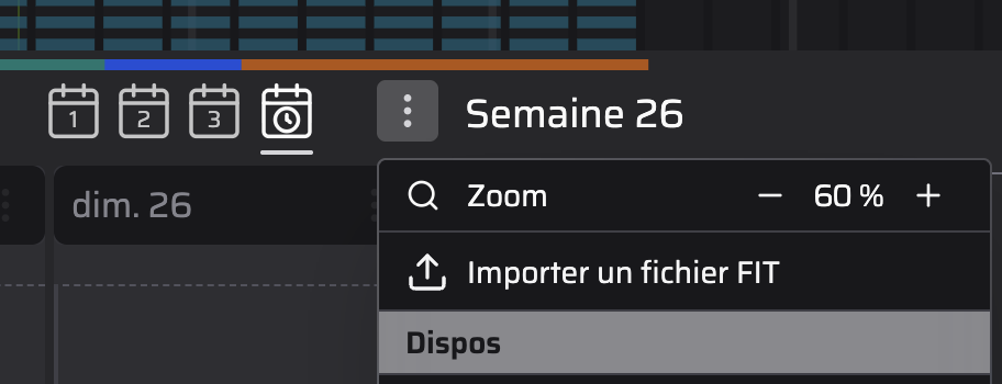 Capture d'écran qui montre le sélecteur qui permet de choisir la vue du calendrier ainsi que la possibilité de zoomer depuis le menu.